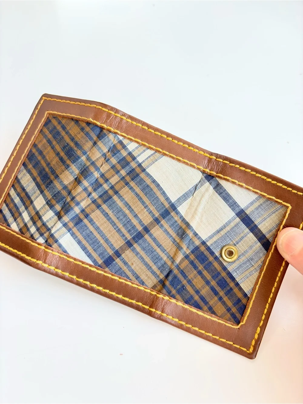 Canterbury Vintage 1980s Navy Plaid Key Holder Brown Leather Yellow Stitch Prepp